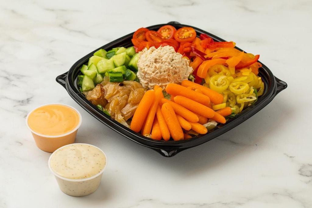 Fresh Salad Bowl · create your own large romaine salad bowl-choice 7 topping from our selection of fresh sliced roasted or grilled vegetables, with an optional scoop of a spread of choice.
