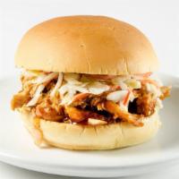 Bbq Pulled Chicken Sandwich · BBQ pulled chicken and coleslaw on a potato bun