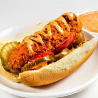 Fire Dog · Crispy white meat chicken on a side split potato bun with pickled peppers and chipoltle mayo