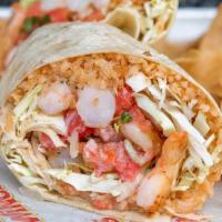 Hang-Five Shrimp. · Sautéed garlic shrimp, cabbage, rice, cilantro/lime sauce, and pico.  For CUSTOM BURRITO opt...