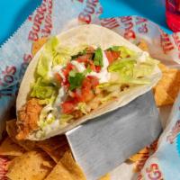 The Tony Hawk Taco. · Fried organic chicken tenders, lettuce, ranch, pico, and fresh-cut cilantro