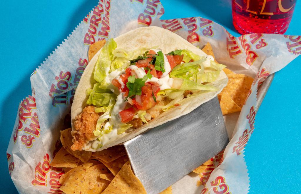 The Tony Hawk Taco. · Fried organic chicken tenders, lettuce, ranch, pico, and fresh-cut cilantro