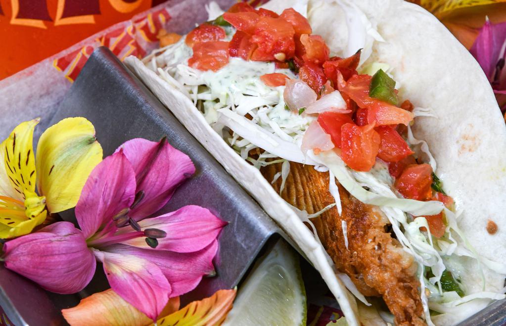 Tito'S Famous Fish Taco. · Tempura white fish, cabbage, cilantro/lime sauce, and pico
