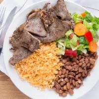 Grilled Steak Platter · Plato de carne asada. With beans, rice, salad and tortillas - con frijoles, arroz, ensalada ...