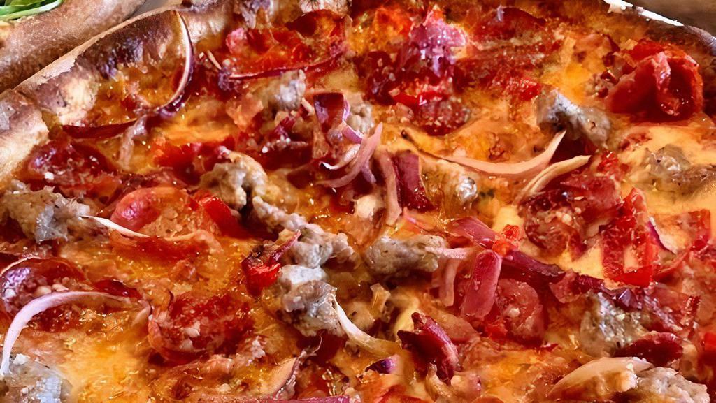Four Fathers · bacon, pepperoni, sausage, proscuitto, mozzarella, sliced red onions, peppadew peppers