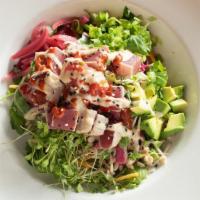 Eastside Poke Bowl · marinated tuna, farro, arugula, shredded veggies, avocado, scallion, cilantro, pickled onion...