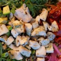 Delhi Chicken Bowl · chopped chicken, curried farro salad, avocado, arugula, pickled onions, cilantro, roasted to...