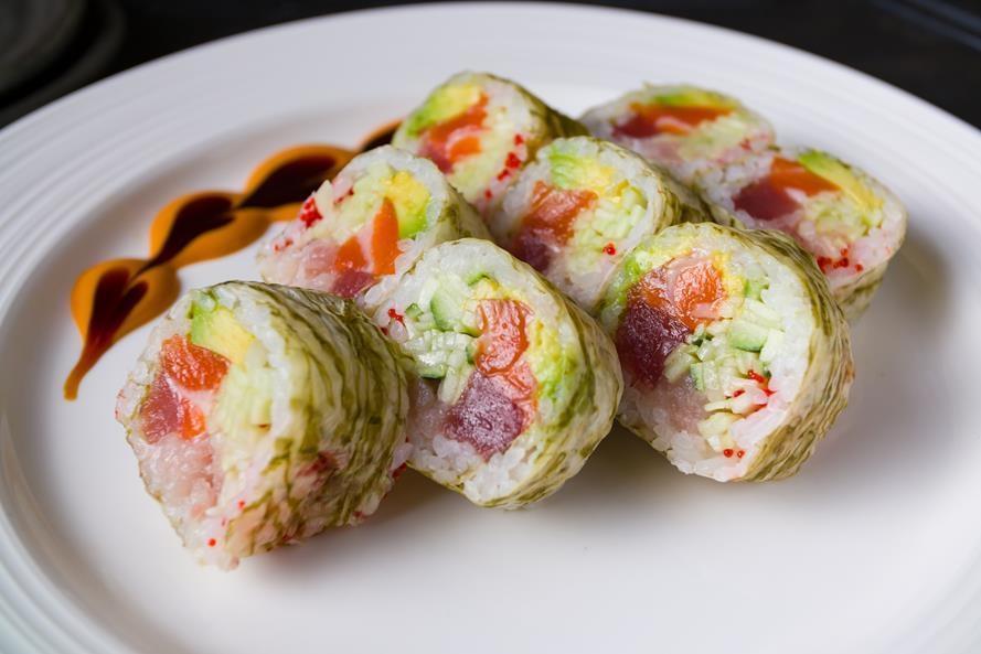 Marble Trio · Tuna, Salmon, Yellowtail, Avocado, Cucumber, Tobiko Wrapped in Marble Seaweed, Spicy Japanese Barbecue Sauce