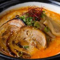 Miso Ramen · Miso Pork Bone Based Soup w/ Pork Chasu, Wood-Ear Mushroom, Bean Sprouts, Onion, Ginger, Sca...
