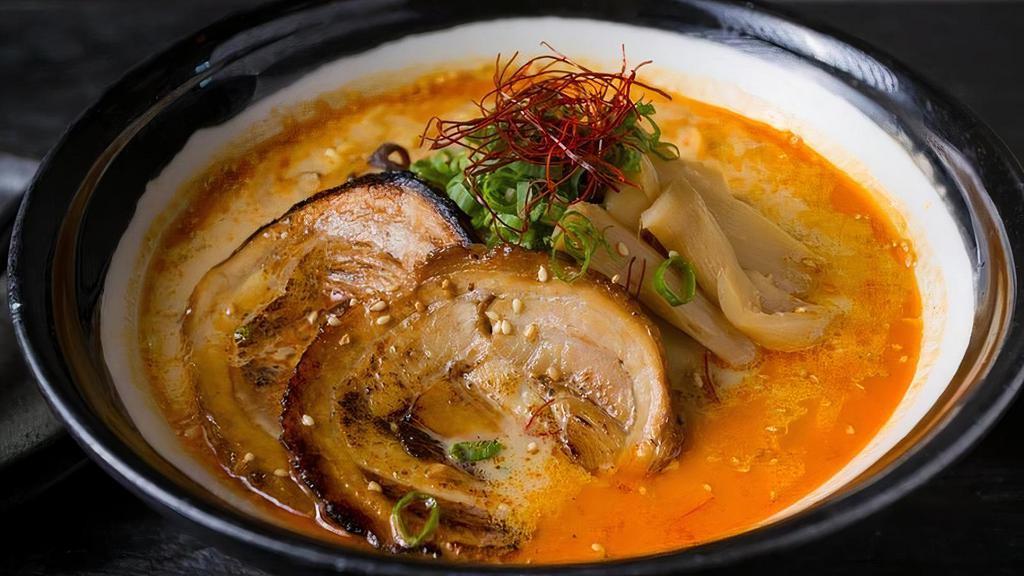 Miso Ramen · Miso Pork Bone Based Soup w/ Pork Chasu, Wood-Ear Mushroom, Bean Sprouts, Onion, Ginger, Scallion