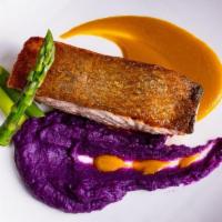 Pan Roasted Salmon · Asparagus, Purple Potato Puree, Miso Mango Coulis