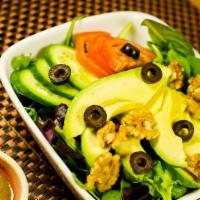 Avocado Salad · Soy Free Option and Gluten free option. Mesclun greens, tomatoes, cucumbers, olives, walnuts...