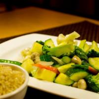 Sauteed Melange · Soy free option & Gluten free option. Lightly sauteed mixed seasonal vegetables. served with...