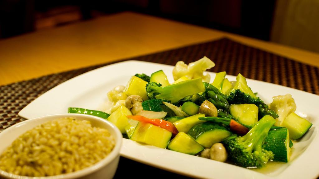 Sauteed Melange · Soy free option & Gluten free option. Lightly sauteed mixed seasonal vegetables. served with brown rice.