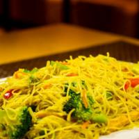 Singapore Mai Fun · Soy free option & Gluten free option. Stir-fried vermicelli rice noodles with mixed seasonal...
