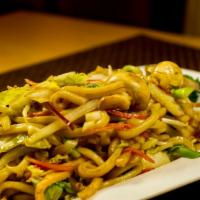 Sauteed Udon · Udon, mixed vegetables and soy protein with teriyaki sauce.