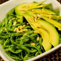 Pesto Linguine · Soy free option. Homemade spinach linguine with avocado & pine nuts.