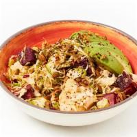Veggie Bowl · shredded brussels sprouts and green cabbage, okinawan sweet potato, cauliflower, avocado, pe...
