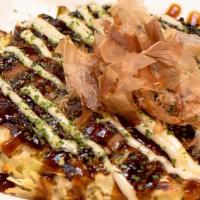 Shrimp Okonomiyaki · Savory SHRIMP pancake with crunchy cabbage & a variety of fresh ingredients, special sauce, ...