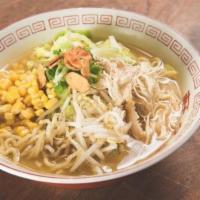 Miso Ramen · Soybean paste chicken broth served with wavy noodles, shredded chicken, bean sprouts, cabbag...