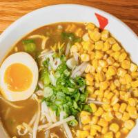 Curry Ramen · Vegetarian ramen in house-made curry soup.  Served with wavy noodles, corn, bean sprouts, sc...