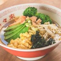 Vegetarian Miso Ramen · Vegetarian miso broth with wavy noodles, seasonal vegetables, corn, crispy garlic, and red p...
