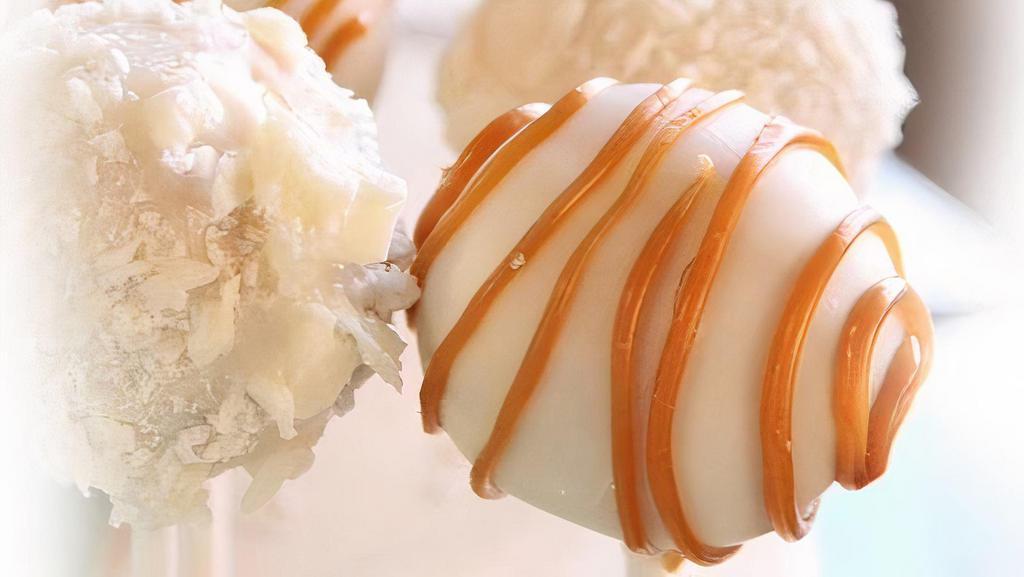 Caramel Cake Pop · Caramel cheesecake flavored cake pops dipped in white chocolate