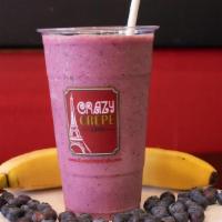 Bananarama Smoothie · Apple raspberry juice, banana, blueberry, raspberry sherbet, and yogurt.