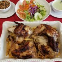 Whole Rotisserie Chicken · Served With White Rice, Fries And, Salad