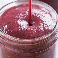Power Up Smoothie · Strawberries, Acai, Banana & Strawberry Protein Blended w/ Soy or Almond Milk.