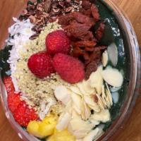 Green Superfood Smoothie Bowl · 1 Banana, Blueberries, Strawberries, Spinach, Kale, Half Avocado, Spirulina, Almond Milk, Co...