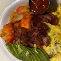 Monterey Omelette · Served w/ Scrambled Eggs, Bacon, Avocado & Pepper Jack Cheese w/ Salsa. Served w/ Home Fries...
