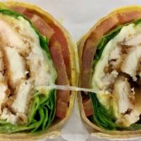 Arizona Wrap · Breaded chicken cutlet with pepper jack cheese, hot peppers, lettuce, tomatoes, and herb mayo.