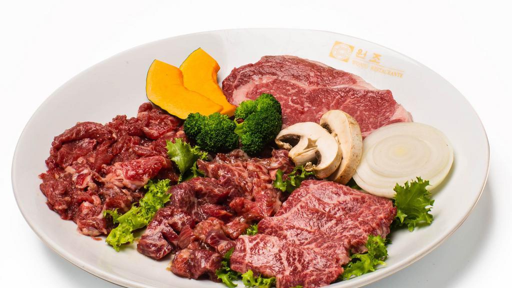 Premium Beef Combo (For 2 People) · Deung Sim(Prime Ribeye), Ju Mu Luk(Prime Marinated Boneless Short Rib), Bul Goki(Prime Marinated sliced ribeye).