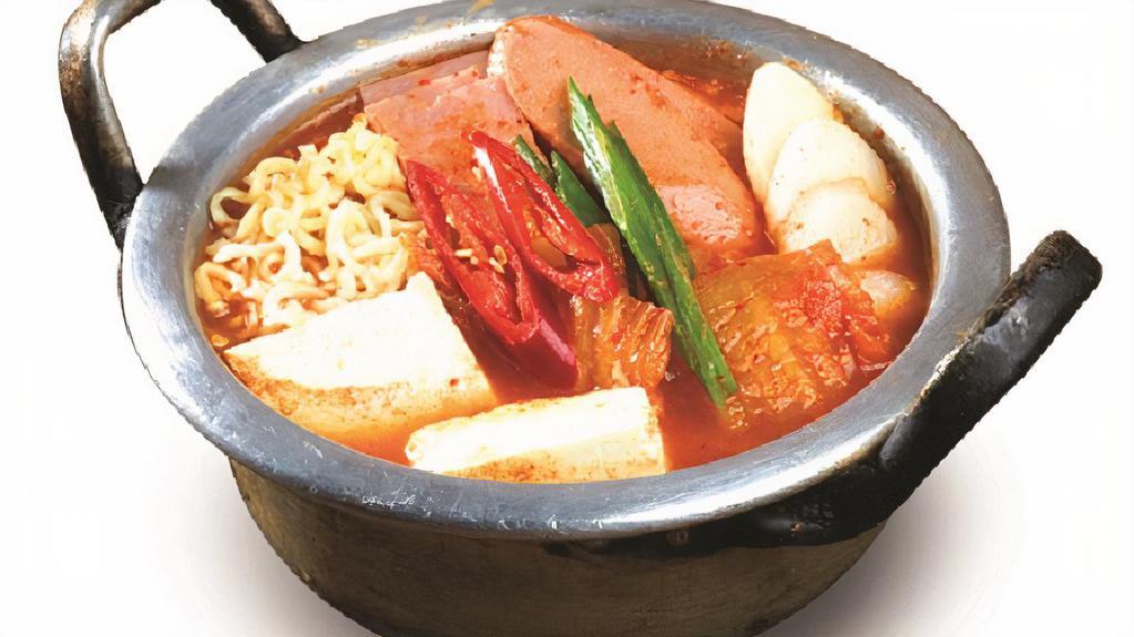 Budae Jjigae · Kimchi, noodles, sausage and tofu stew.