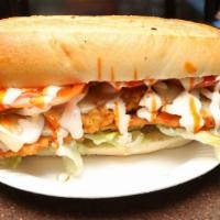 The Ronage Sandwich · Chicken cutlet, pepper jack, pickles, onions, lettuce, tomato and hot ranch.
