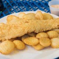 Tsunami · Two pieces of fish, shrimp, calamari, clam strips, and chips and your choice of dessert.