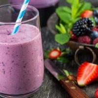 Super Berry Smoothie · Vanilla whey protein, flax, seeds, blueberries, strawberries, raspberries, banana, and vanil...