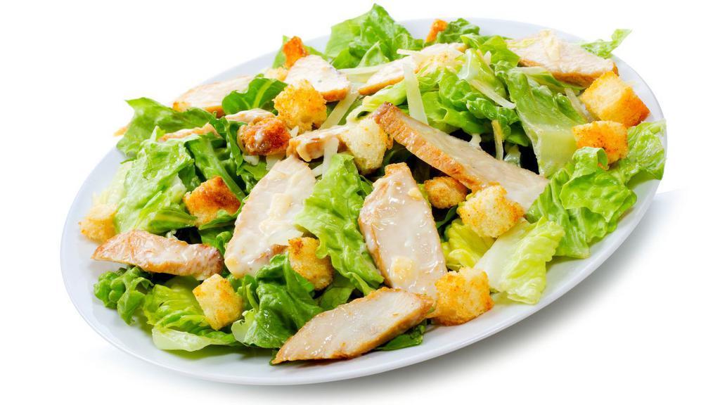 Chicken Caesar Salad · Locally grown lettuce, shredded Parmesan cheese, and croutons topped with grilled chicken and served with a side of Caesar dressing.
