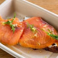 Smoked Salmon · Atlantic salmon, labneh spread, cucumber, fresh dill, and lemon zest on a sourdough. Add 8 m...