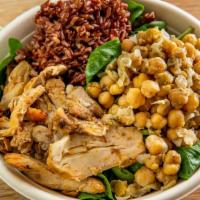 Chicken & Rice · Pulled free-range honeybrains seasoned chicken, Mediterranean zaatar herb chickpeas, Himalay...