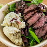 Wake & Steak · Coffee & Herb Crusted Grass-Fed Steak, Roasted Garlic, Basil & Hemp Seed Mashed Potatoes, Sa...