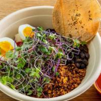 Ranchero Power · Two eight minute omega-3 eggs, tri-color quinoa, Himalayan ruby rice, roasted corn medley, m...