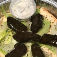 Dolmades · Stuffed grape leaves with rice & pita with tzatziki