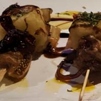 Figs & Fried Cheese Pintxos · 6 Figs and crispy Mozzarella Tempura Pierced  together  Topped With Caramelized Onion and Fi...