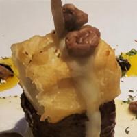 Fried Cheese & Banana Pintxos · 4 Slice of Sweet Banana Plantain Pierced with fried cheese Topped with Creamy Truffle Foie G...