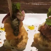 Avocado & Shrimp Tempura Pitxos · 4 Pieces of Crispy Avocado Tempura Pierced With shrimp tempura Finished with Cilantro Chimic...