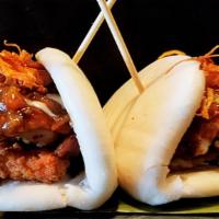 Kfc (Korean Fried Chicken) Bao   · 3 baos (Asian buns) stuffed Korean BBQ Glazed fried chicken with pickled onions bang bang ai...