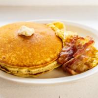 Pancakes With 2 Eggs & Meat · Bacon, sausage, or pork roll.