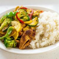 Chicken Veggie Platter · Grilled chicken, grilled vegetables and garlic sauce over rice.